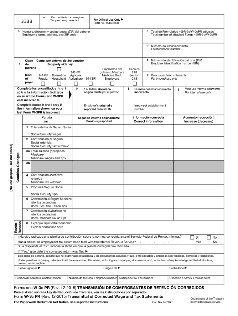 Form W-3c PR Transmittal of Corrected Wage and Tax Statements Preview on Page 1