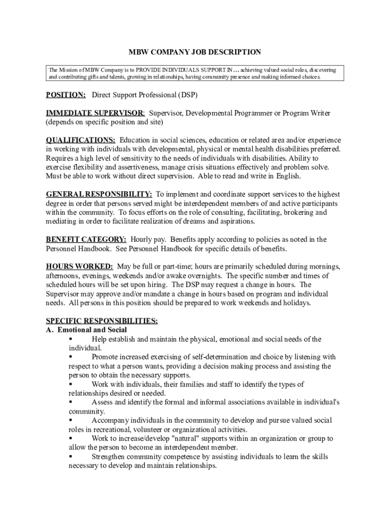 Fillable Online MBW COMPANY JOB DESCRIPTION POSITION Direct Support