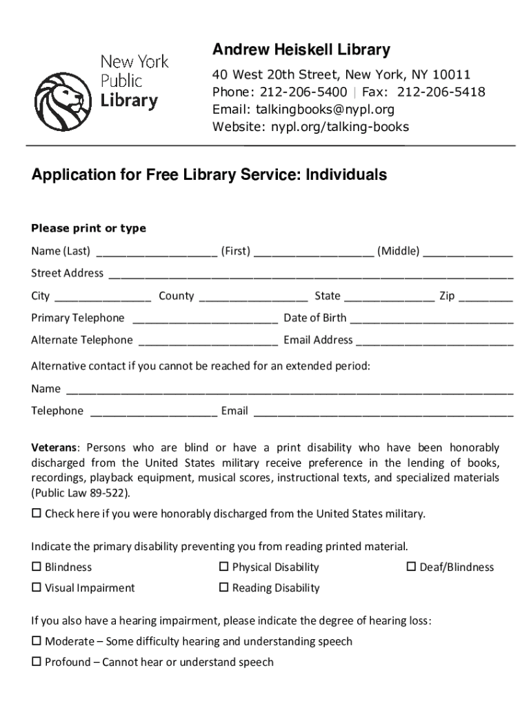 Fillable Online About the Andrew Heiskell Braille and Talking Book Library Fax Email Print