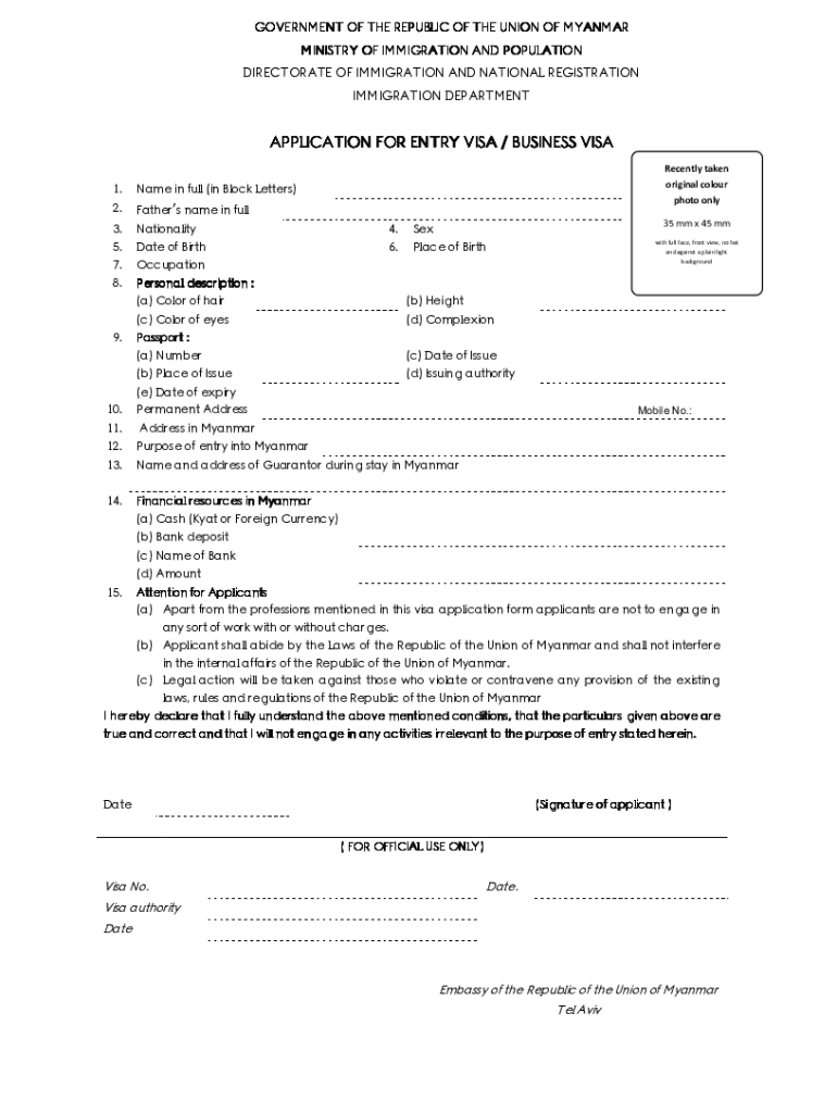 Fillable Online Myanmar business visa application form Fax Email Print PdfFiller