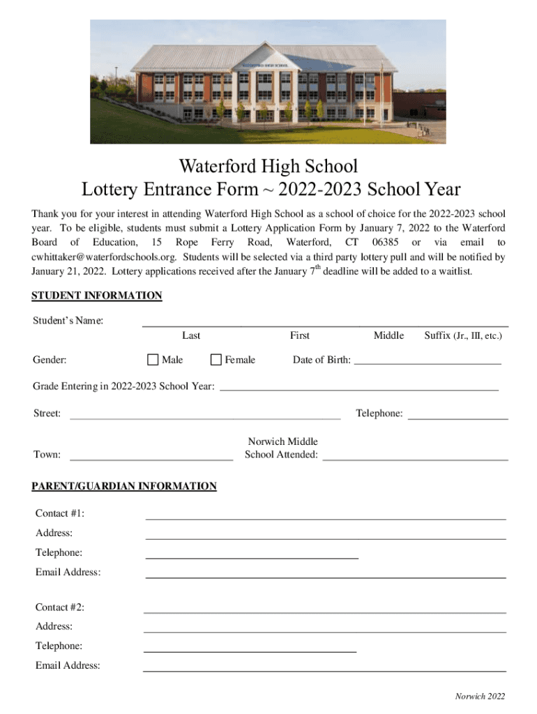 Fillable Online Waterford High School Lottery Entrance Form20222023