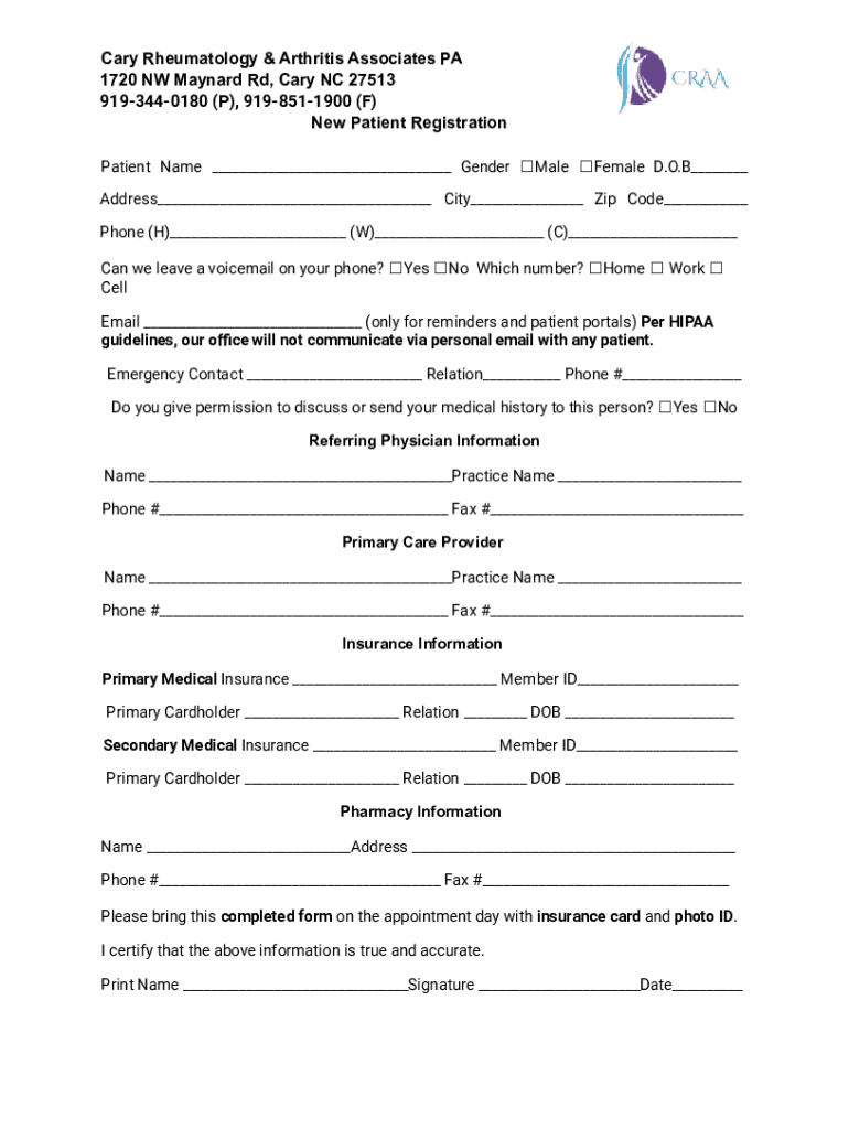 Fillable Online Cary Rheumatology And Arthritis Associates Pa Fax Email
