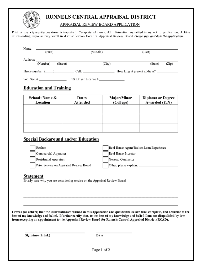 Fillable Online appraisal review board application Fax Email Print