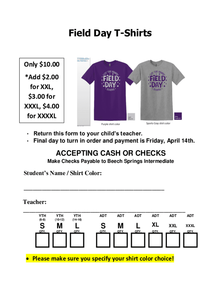Fillable Online Field Day Tshirt Order Form Fax Email Print pdfFiller
