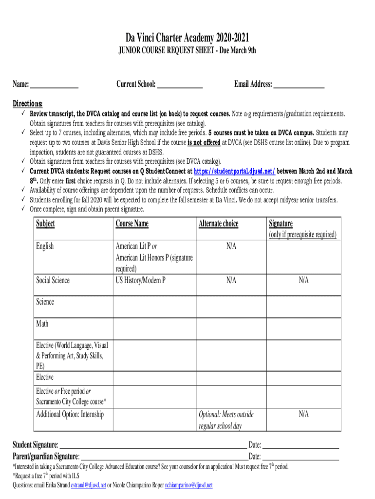 Fillable Online Da Vinci Charter Academy 20202021 11th Grade Course