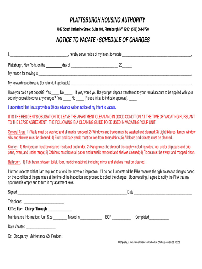 Fillable online notice to vacate schedule of charges fax email print
