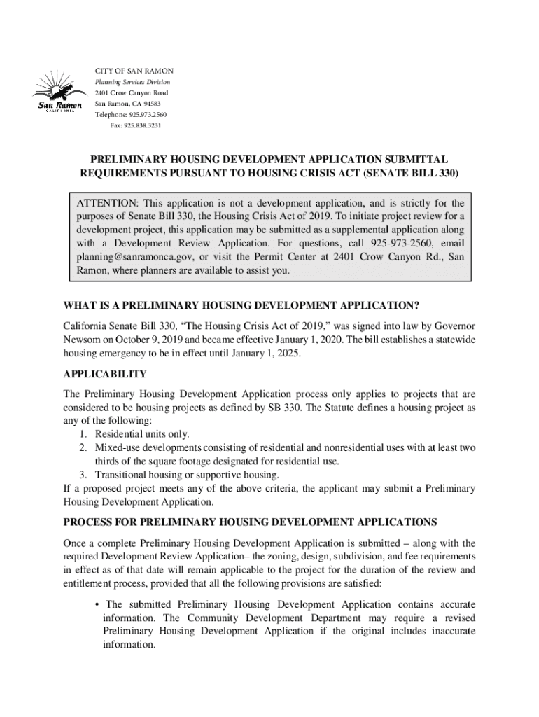 Fillable Online Preliminary Housing Development City of San Ramon