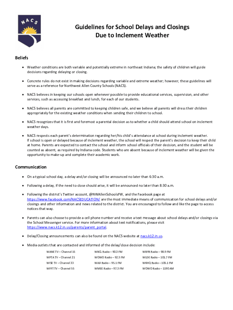 Fillable Online Guidelines for School Delays and Closings Due to