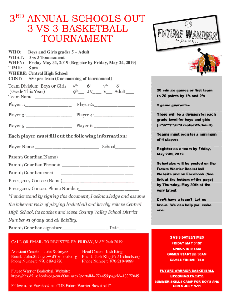 Fillable Online 3 on 3 Basketball Tournament for Boys &amp; Girls in Grades ...