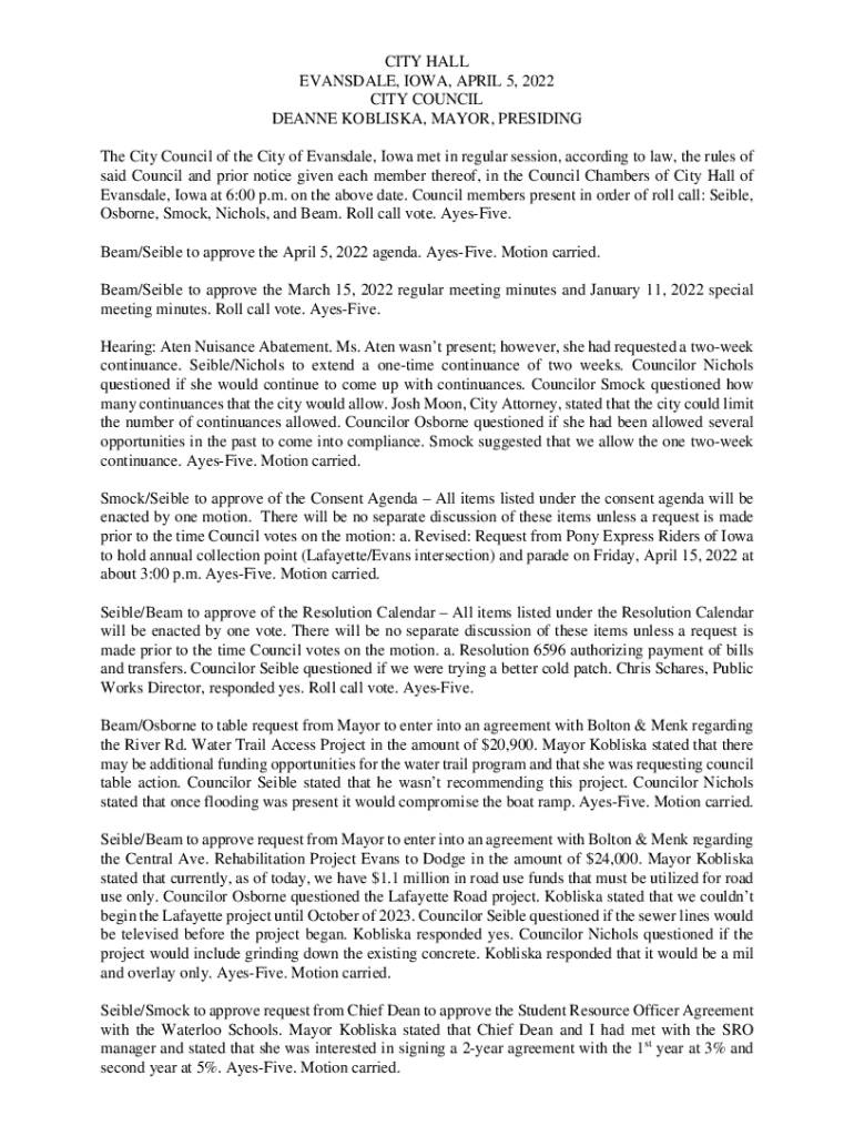 Fillable Online Mayor and City Council City of Evansdale Fax Email