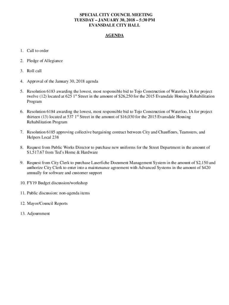 Fillable Online 600 PM EVANSDALE CITY HALL AGENDA 1. Call to Fax