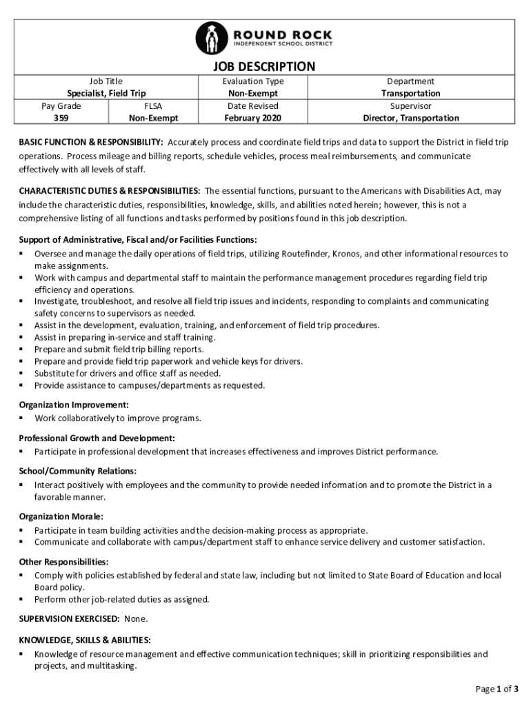 Fillable Online JOB DESCRIPTION JOB TITLE Transportation Specialist Fax Email Print pdfFiller
