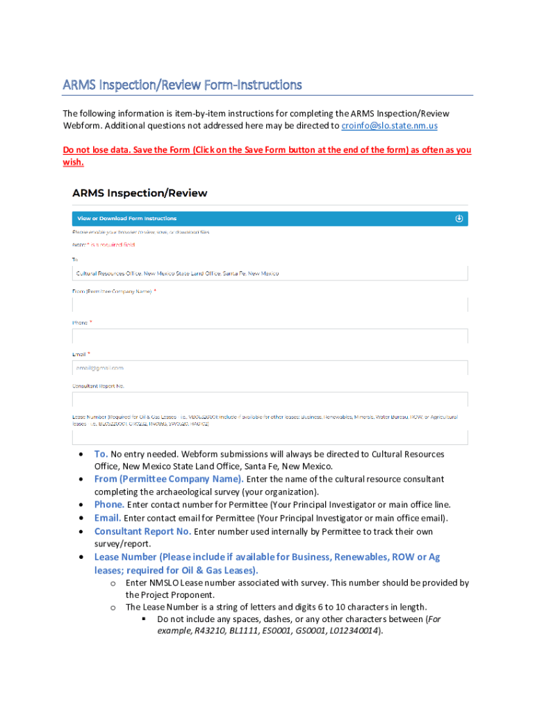 Fillable Online ARMS Inspection/Review FormInstructions Fax Email