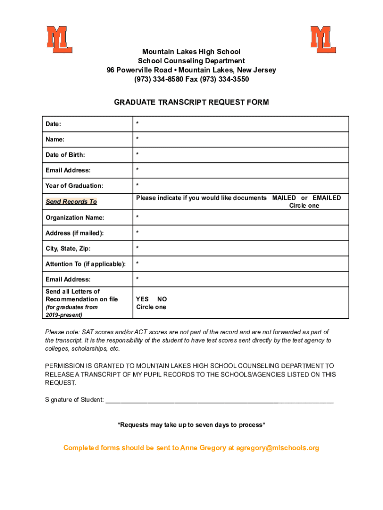 Fillable Online Transcript Request Form - Parsippany Fax Email Print ...