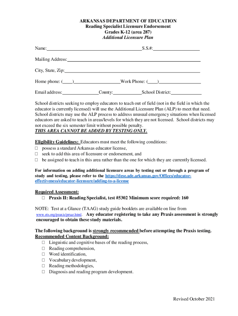 Fillable Online Reading Specialist Licensure Endorsement Grades K12