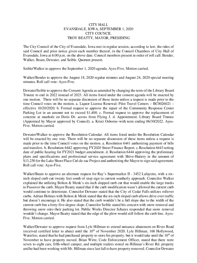 Fillable Online 600 PM EVANSDALE CITY HALL AGENDA AMENDED 1 Fax