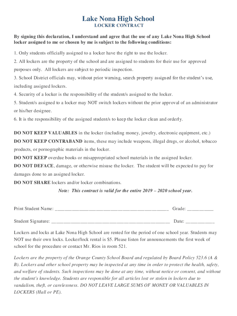 Fillable Online Lockers Lake Nona Hs Orange County Public Schools