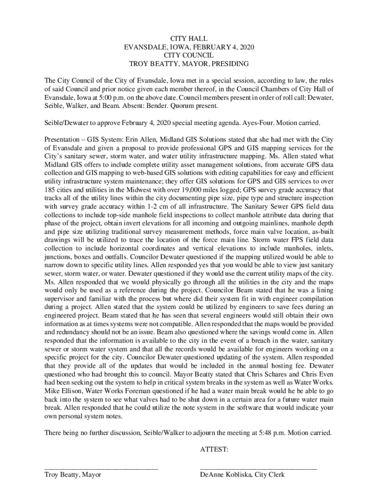 Fillable Online The City Council of the City of Evansdale, Iowa met in