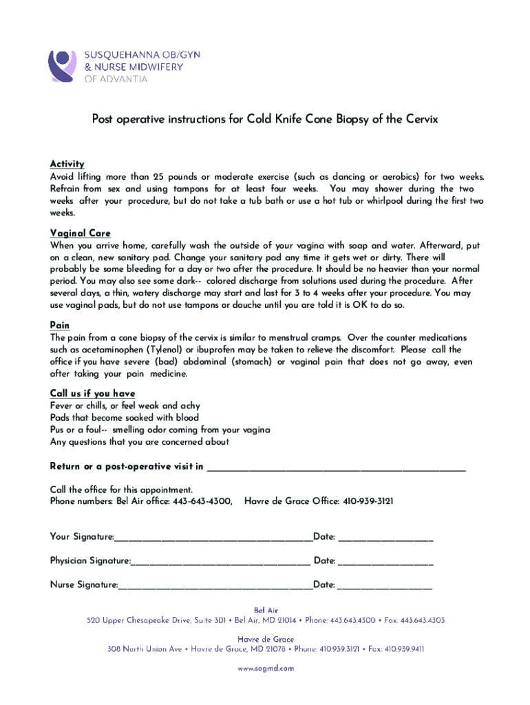 Fillable Online Post operative instructions for Cold Knife Cone Biopsy of Fax Email Print