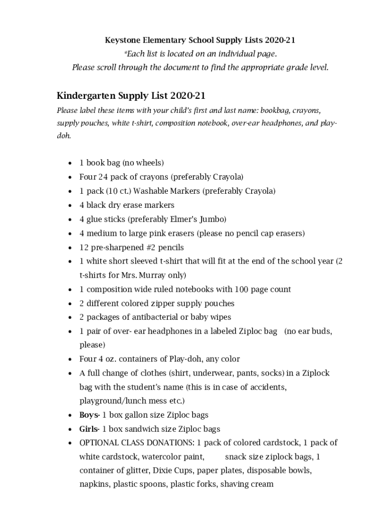 Fillable Online KES Supply ListsKeystone Elementary School Fax Email Print pdfFiller