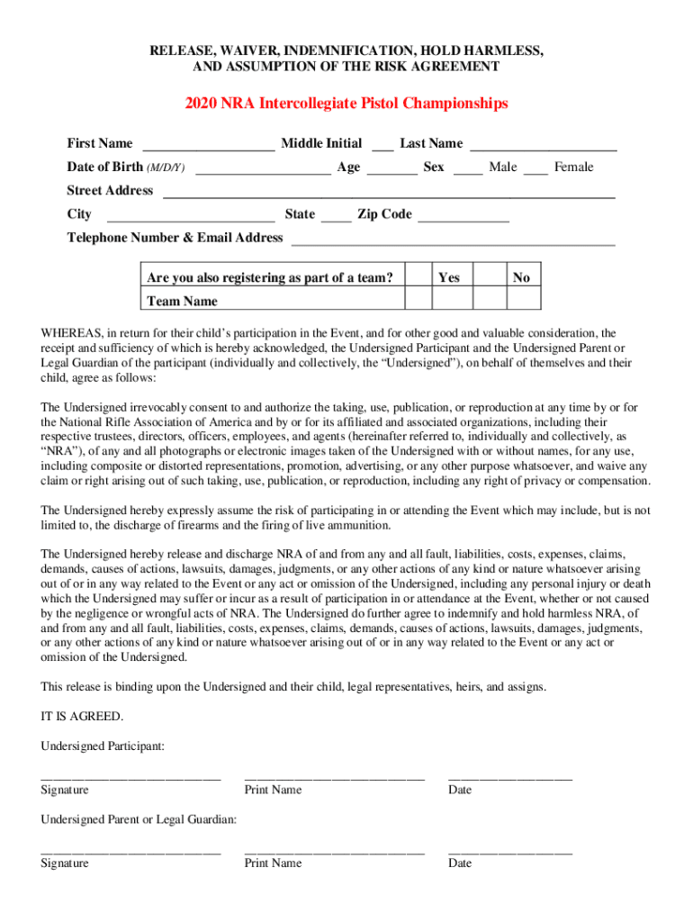 Fillable Online competitions nra Get the free RELEASE, WAIVER ...