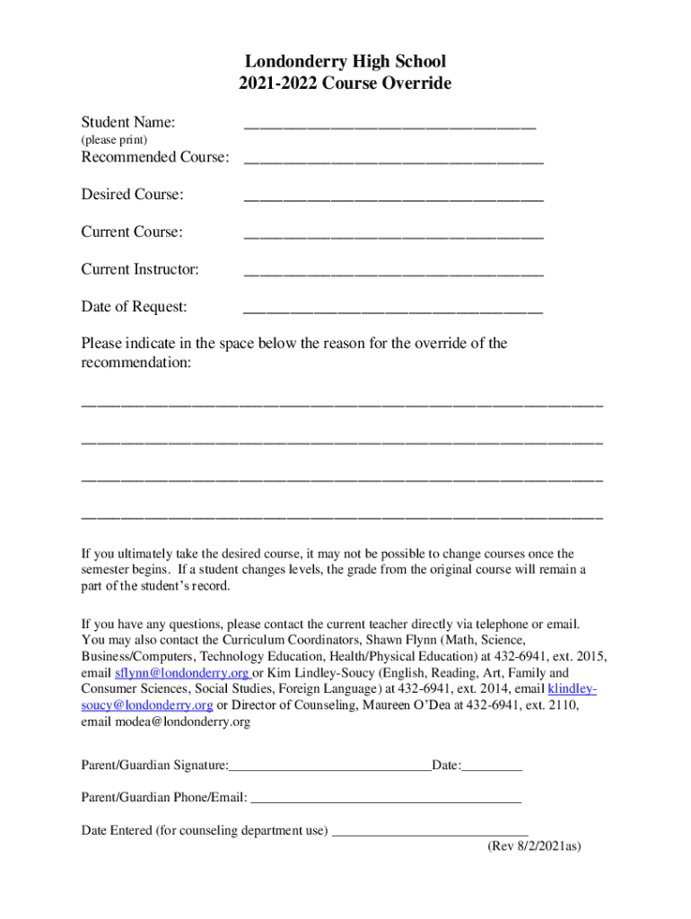 Fillable Online ASHLEY RIDGE HIGH SCHOOL OVERRIDE FORM Fax Email Print pdfFiller