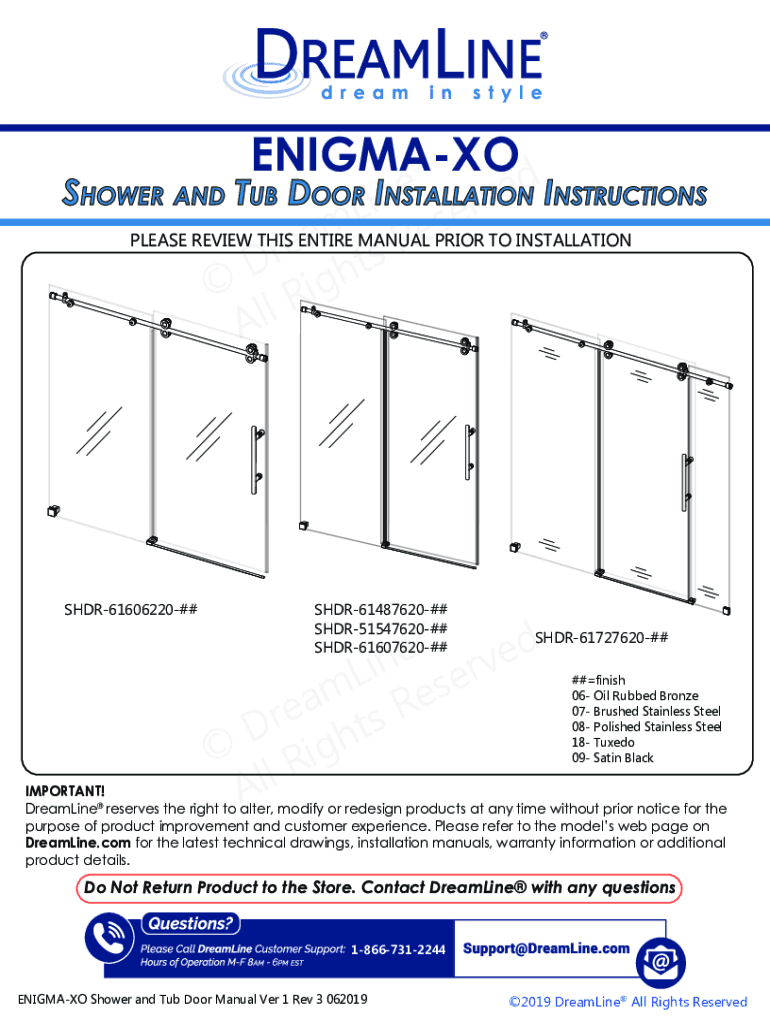 Fillable Online DreamLine EnigmaX Door Shower Door & Tub Door Manual
