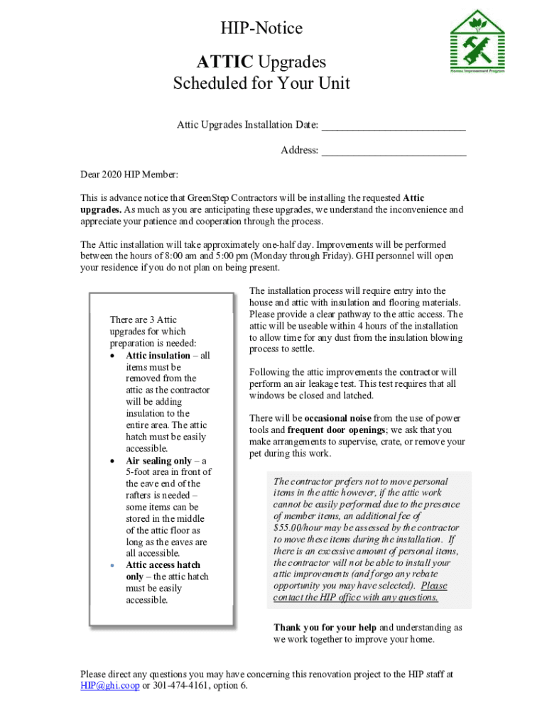 Fillable Online HIP-Notice ATTIC Upgrades Scheduled for Your Unit Fax ...
