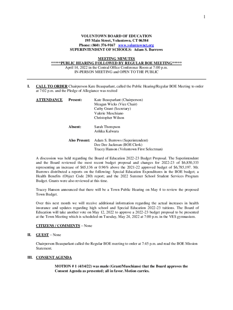 Fillable Online April 14, 2022 in the Central Office Conference Room at