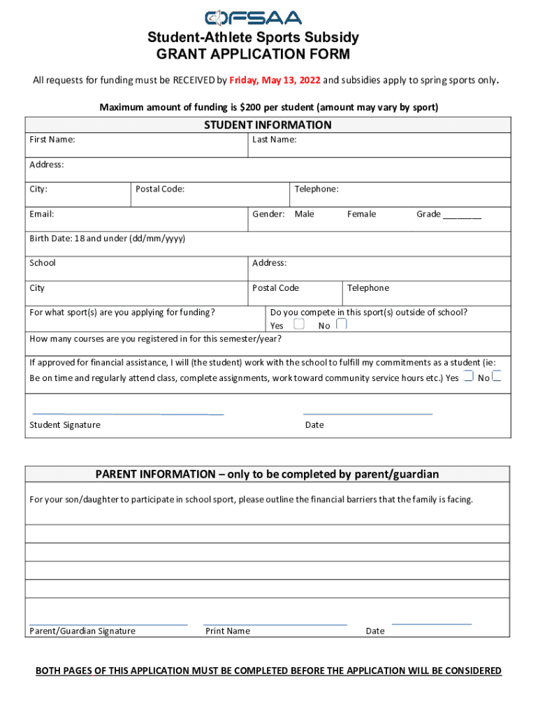 Fillable Online StudentAthlete Sports Subsidy GRANT APPLICATION