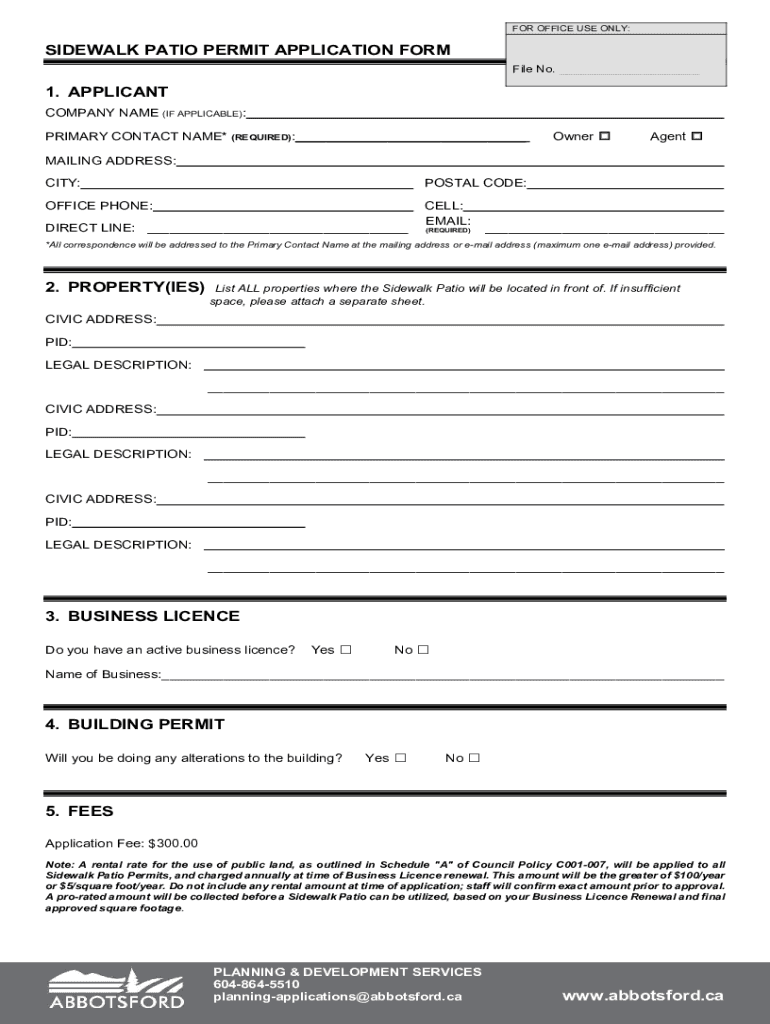 Fillable Online Sidewalk Patio Permit Application Form. Sidewalk Patio