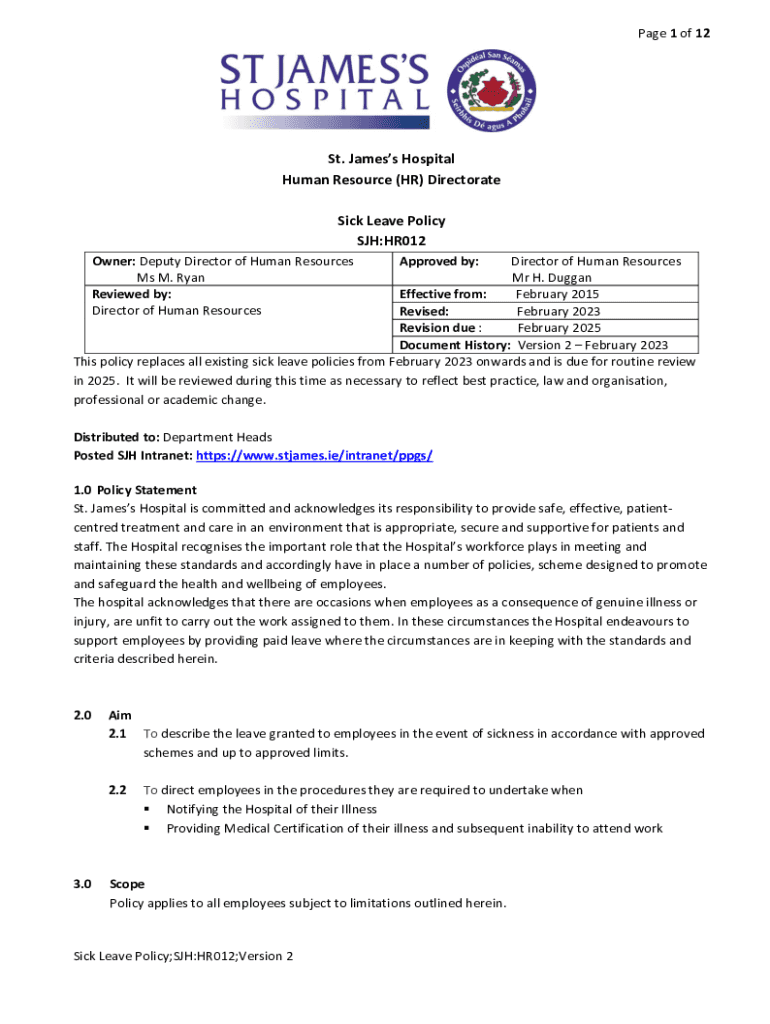 Fillable Online St. James s Hospital Human Resource (HR) Directorate. Sick Fax Email Print
