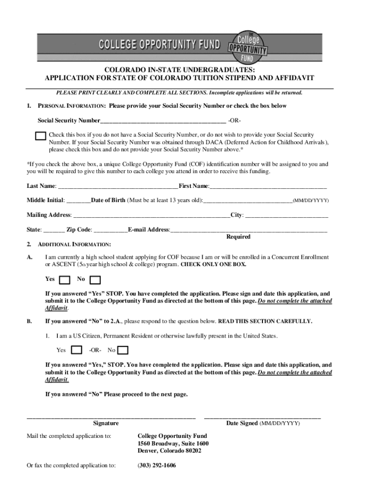 Fillable Online highered colorado cof affidavit Preview on Page 1