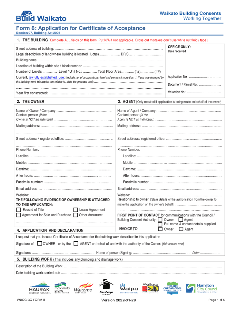 Fillable Online Form 8: Application for Certificate of Acceptance ...