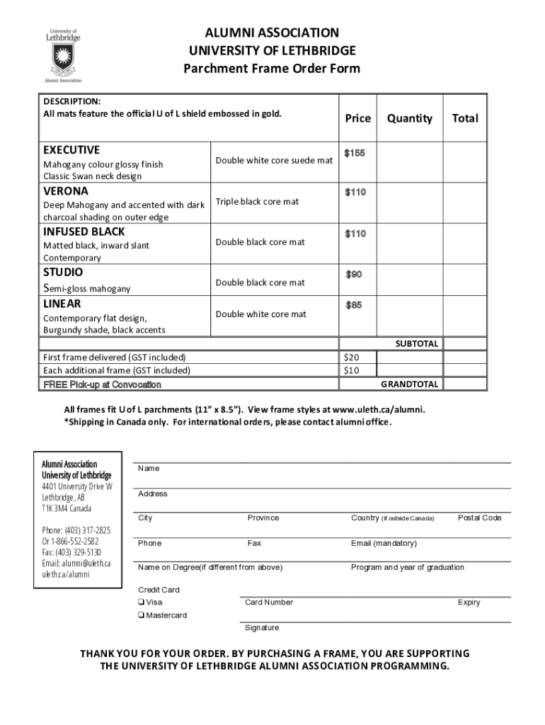 Fillable Online Parchment Frame Order Form Fax Email Print pdfFiller