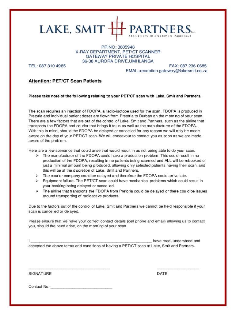 Fillable Online Attention: PET/CT Scan Patients - lake Smit Partner Fax ...