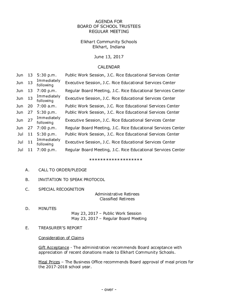 Fillable Online docs elkhart k12 in Jun 13 530 pm Public Work Session