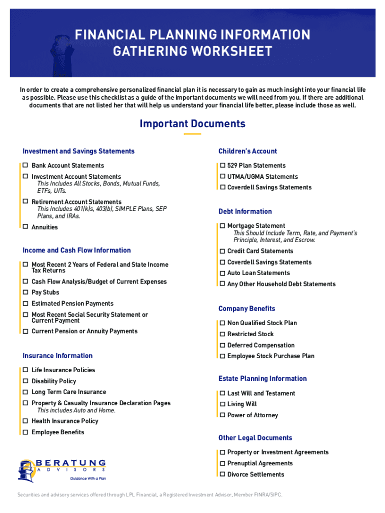 Fillable Online FINANCIAL PLANNING INFORMATION GATHERING WORKSHEET Fax