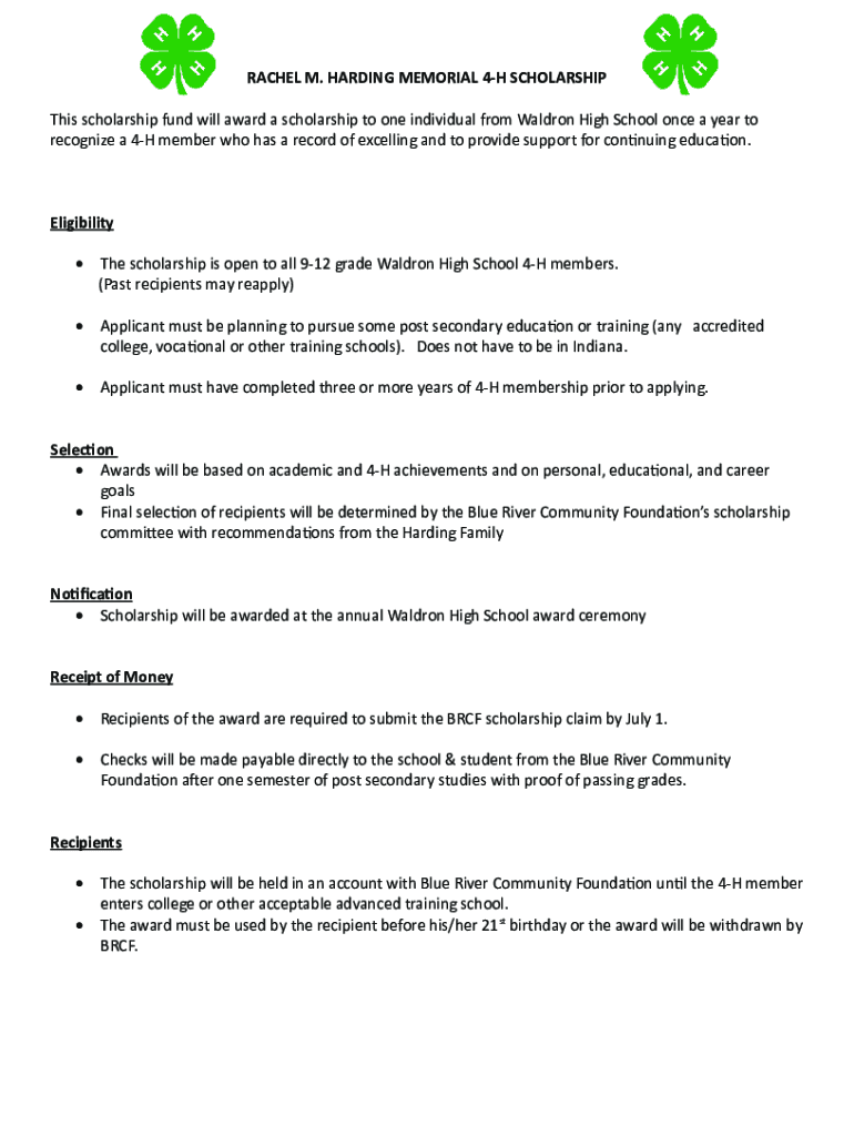 Fillable Online Blue River Community Foundation Scholarship Book Class