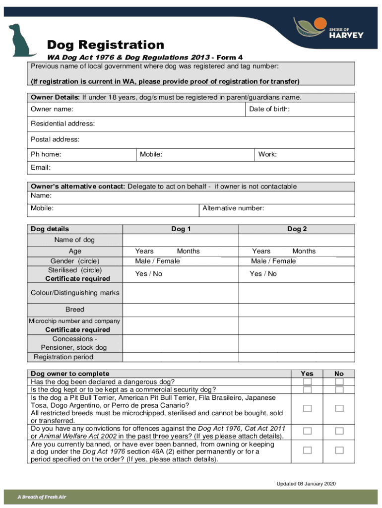 Fillable Online dog act 1976 dog registration application form owners