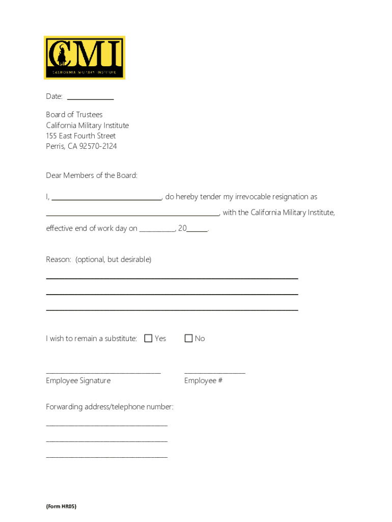 Fillable Online Resignation letter board of trustees sample Fax Email ...