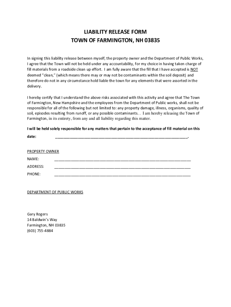 Fillable Online LIABILITY RELEASE FORM TOWN OF FARMINGTON, NH 03835 Fax