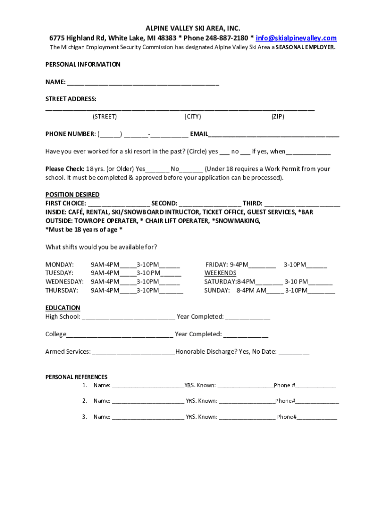 Fillable Online Alpine Valley Ski Area Ski Resort Area Overview Fax