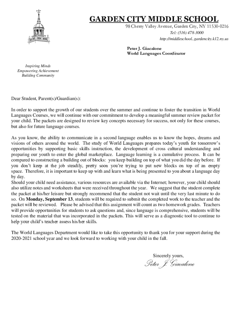 Fillable Online Garden City Middle School Garden City, New York NY