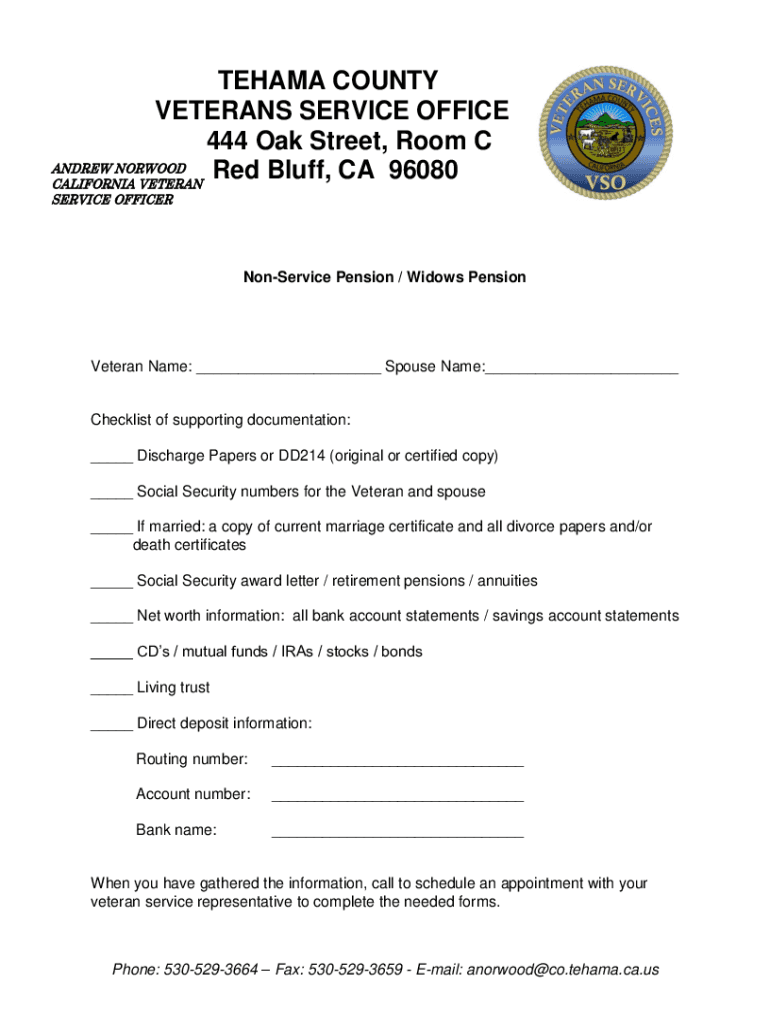Fillable Online TEHAMA COUNTY VETERANS SERVICE OFFICE 444 Oak Fax