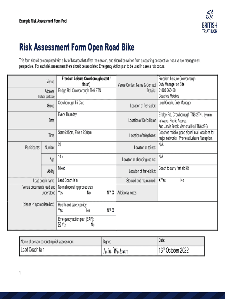 Fillable Online Risk Assessment Form Open Road Bike Fax Email Print
