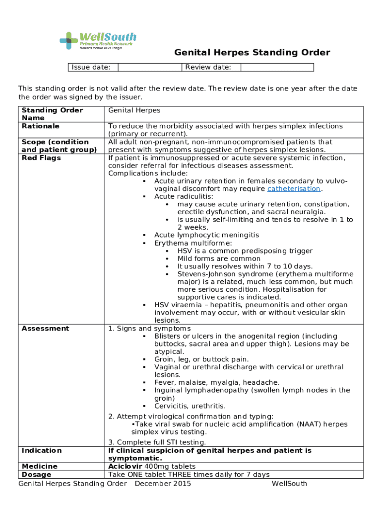 Standing Order Evaluation and Treatment of Herpes Doc Template