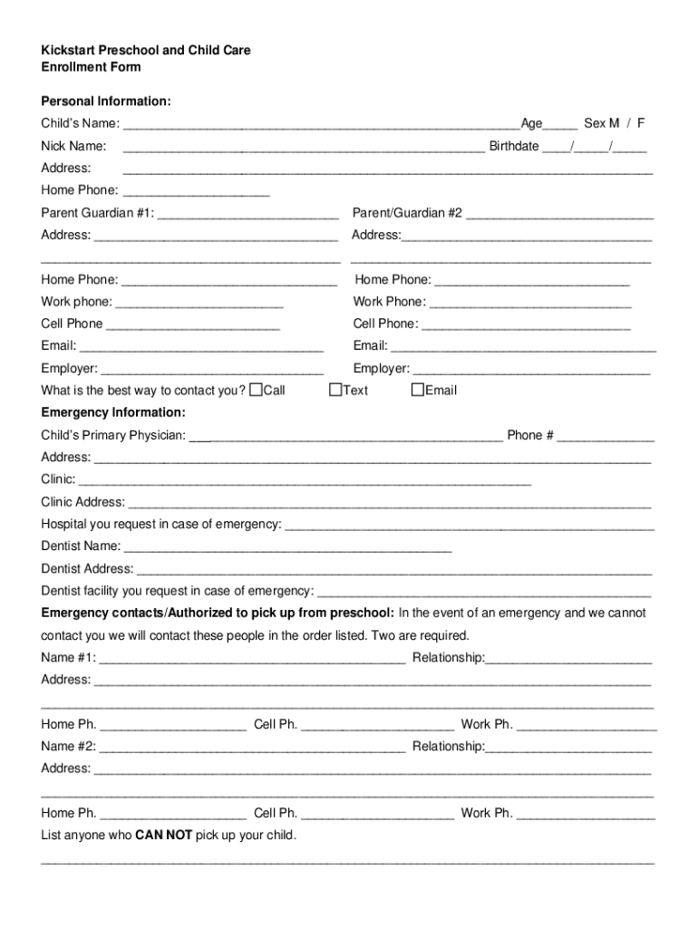 Fillable Online Kickstart Preschool and Child Care Enrollment Form