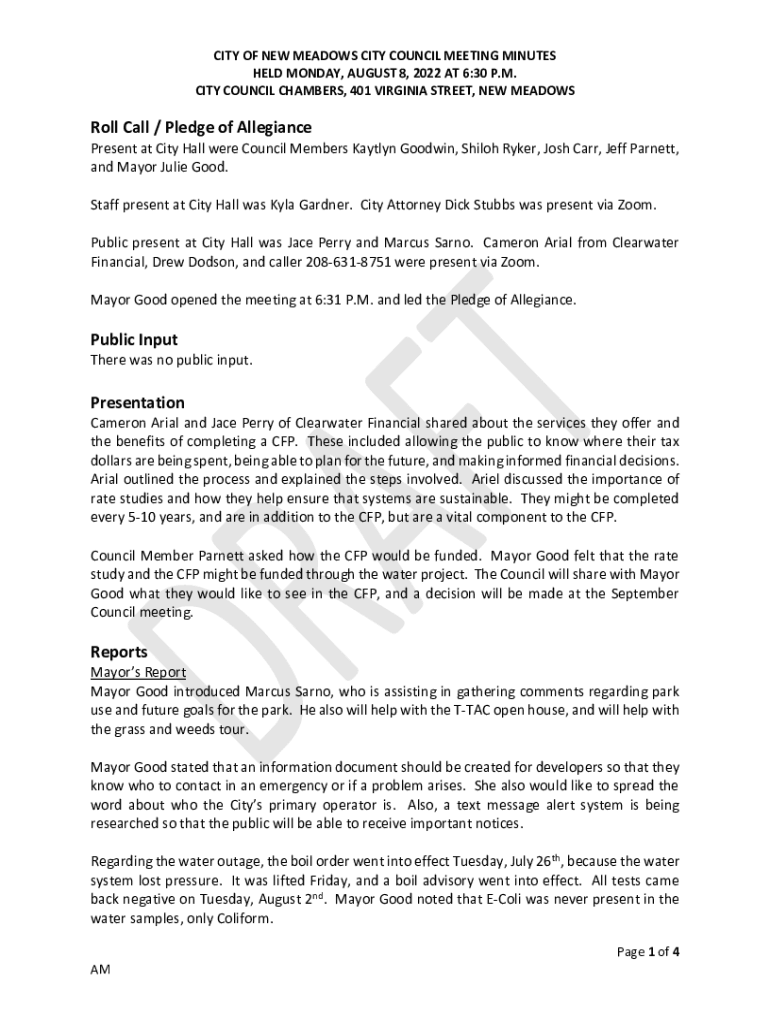 Fillable Online Present at City Hall were Council Members Kaytlyn Goodwin, Shiloh Ryker, Josh