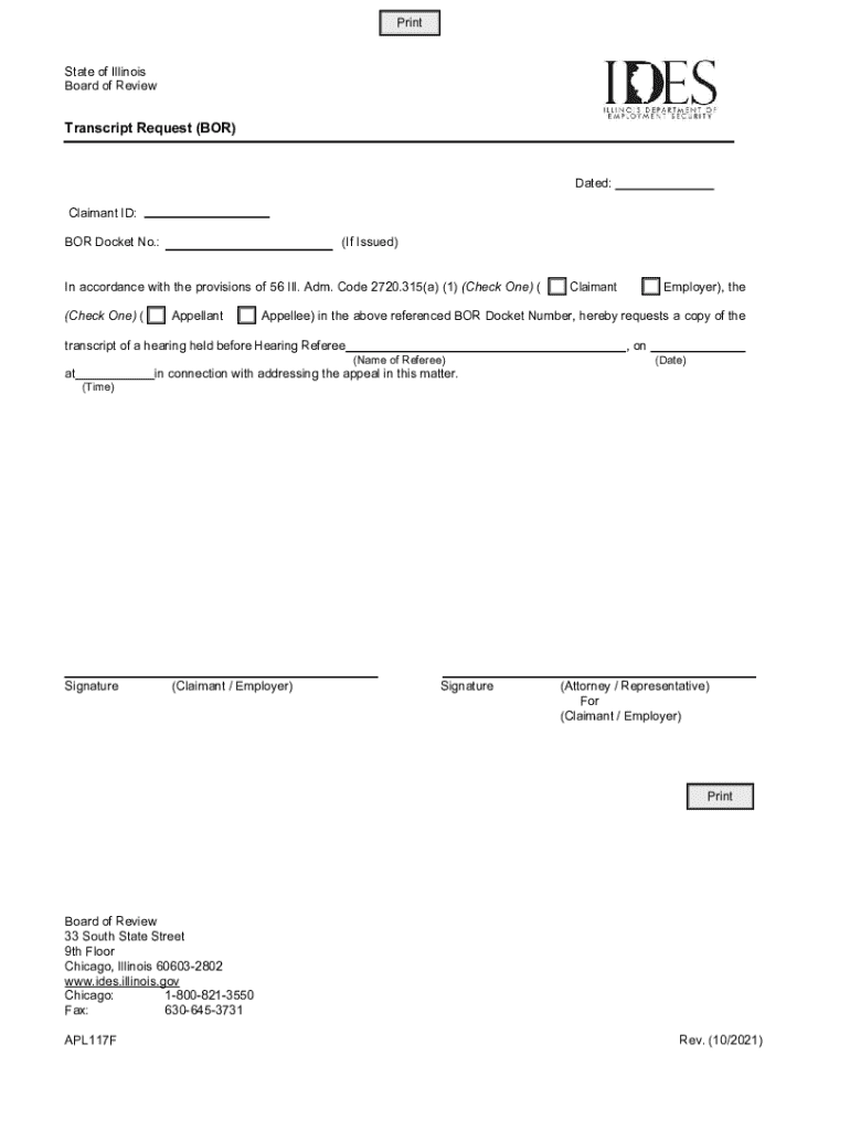 Transcript Request (BOR) Illinois Unemployment Insurance Act - IBIS Preview on Page 1